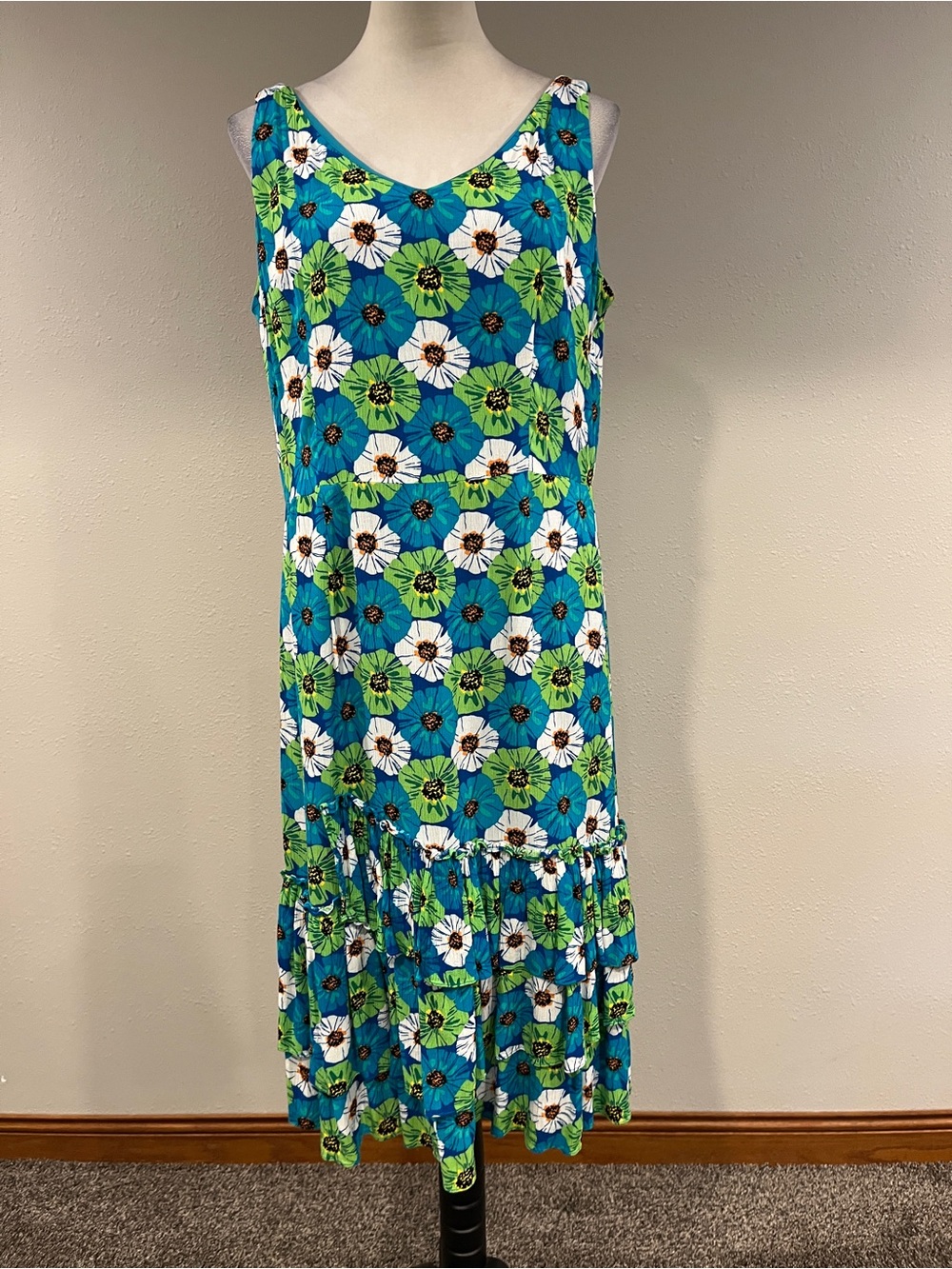 Cappagallo Sleeveless V-Neck Floral Midi Dress in Blue & Green size 12